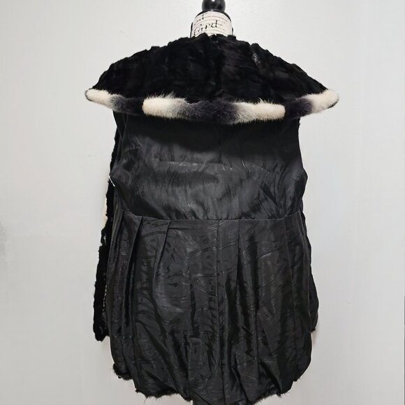New Real MINK Overcoat Jacket Blazer Lantern Sleeves Hooded Black White Ombre M - Picture 6 of 6